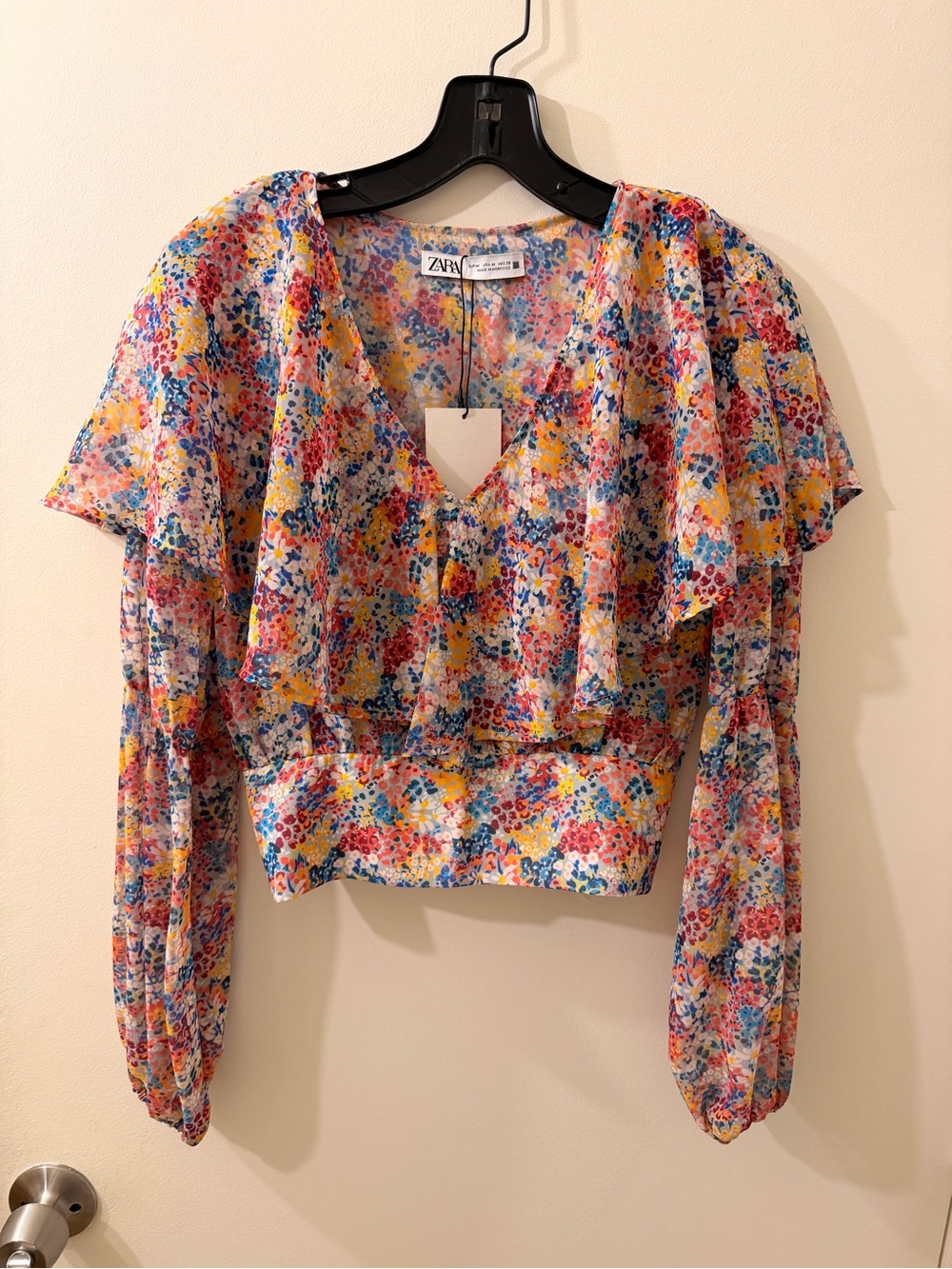 ZARA Multicolor Floral V-Neck Crop Top with Ruffle Shoulders